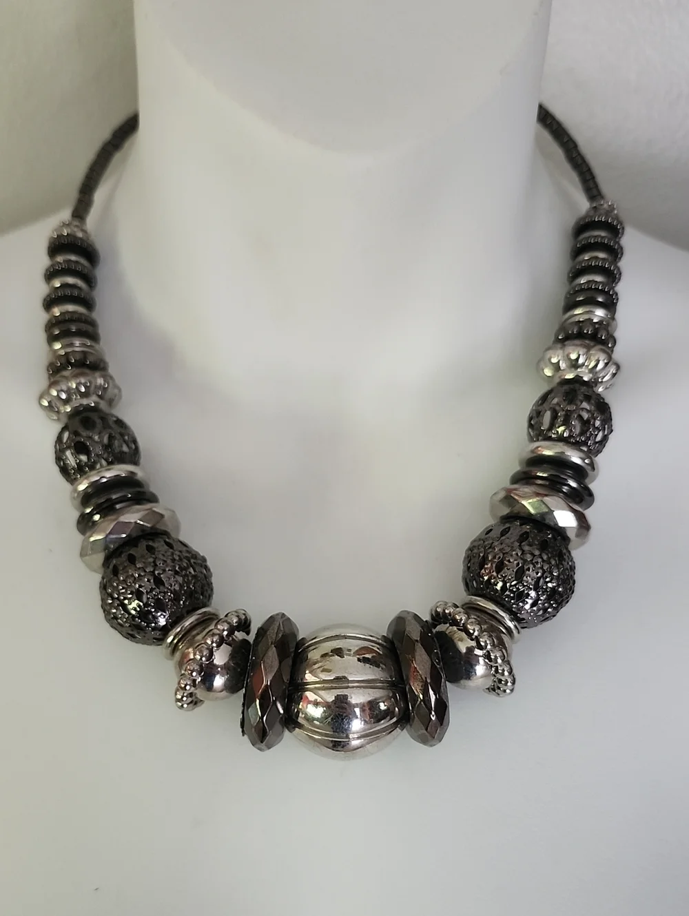 Bold Sterling-Look Gunmetal Bead Statement Necklace